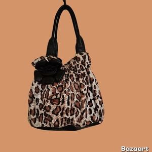 Cato NWOT Brown Black Leopard Print Shoulder Bag Flower Accent Demure